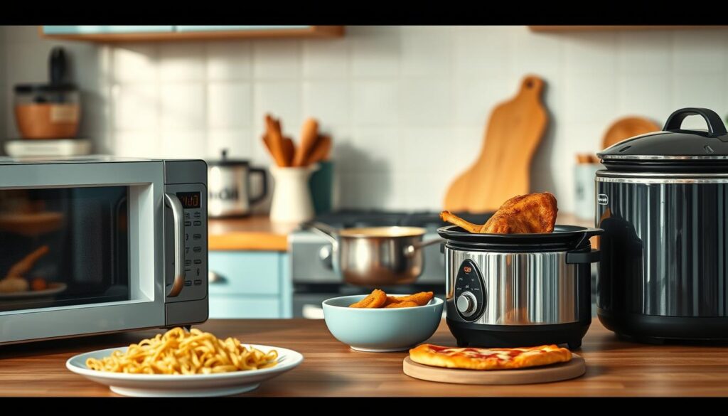 A cozy kitchen with wooden countertops and light blue accents showcases various techniques for reheating leftovers. In the foreground, a microwave oven stands ready to efficiently reheat a plate of pasta, while an air fryer sizzles with crispy fried chicken wings nearby. In the middle ground, a saucepan on the stovetop gently reheats a creamy soup, and a toaster oven warms up a slice of pizza, preserving its delicate crust. The background features a slow cooker, a testament to the art of low-and-slow reheating for tender, flavorful stews. Soft, diffused lighting creates a cozy, inviting atmosphere, highlighting the different methods for reviving the textures and flavors of various leftover dishes.