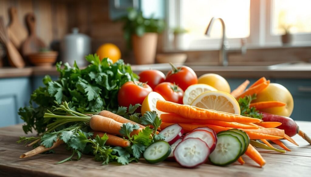 A cozy kitchen with wooden textures and light blue accents provides the backdrop for a seasonal still life of fresh vegetables for pita fillings. In the foreground, crisp vibrant carrots, radishes, and cucumber slices are arranged artfully, their colors popping against the neutral tones. In the middle ground, a selection of leafy greens like spinach and arugula nestles between plump tomatoes and juicy lemon wedges. The warm, soft lighting casts a natural glow, heightening the appeal of these nutritious, flavorful ingredients, ready to be stuffed into homemade pita pockets for a delicious, satisfying cold lunch.