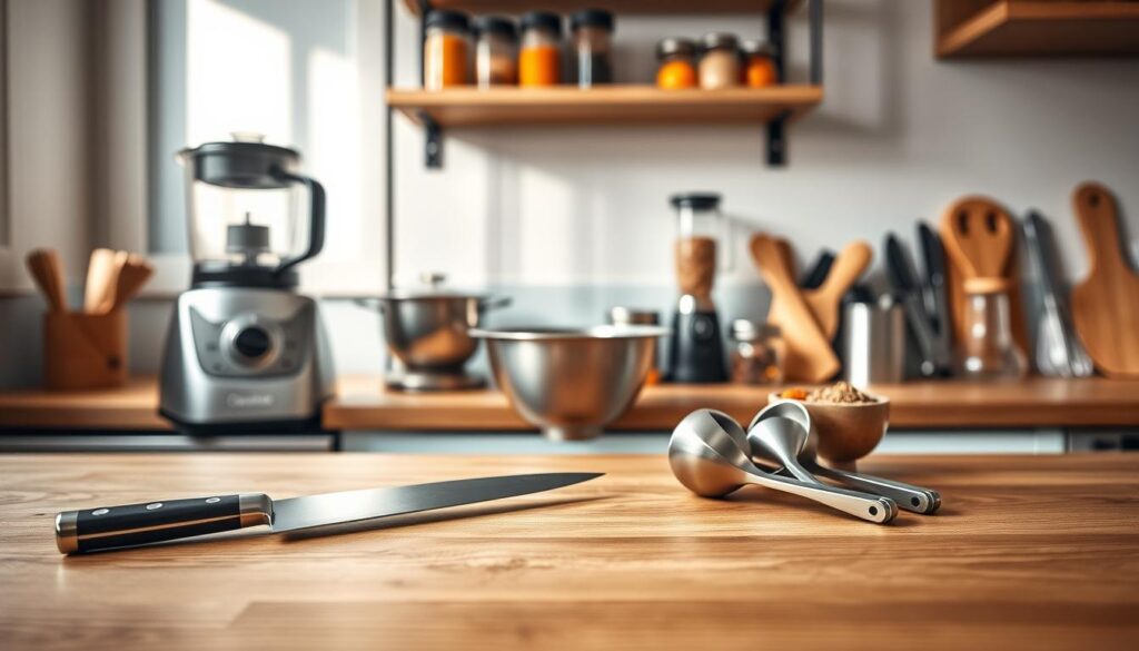 A cozy kitchen with wooden textures and light blue accents showcases an array of essential meal prep tools. In the foreground, a sleek chef's knife, a sturdy cutting board, and a set of metal measuring spoons lie neatly arranged. In the middle ground, a high-quality food processor, a stainless steel mixing bowl, and a collection of glass jars filled with aromatic spices create a sense of culinary order. The background features a minimalist shelf displaying a stylish blender, a citrus juicer, and a set of sharp kitchen shears, all bathed in soft, natural lighting that accentuates the clean, inviting aesthetic.