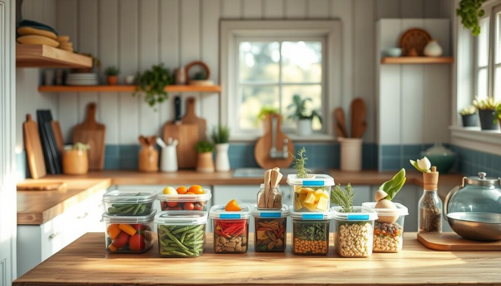 A cozy kitchen with wooden textures and light blue accents showcases an array of leftover transformation ideas. Containers filled with a medley of colorful ingredients stand ready to be repurposed into delectable dishes. Cutting boards, spices, and kitchen tools are arranged in a visually pleasing manner, hinting at the creative possibilities that lie ahead. Soft, natural lighting filters through the windows, casting a warm glow over the scene and inviting the viewer to imagine the flavorful meals that can be crafted from these humble leftovers. The atmosphere exudes a sense of efficiency and culinary inspiration, capturing the essence of reducing food waste through thoughtful planning and resourceful cooking.