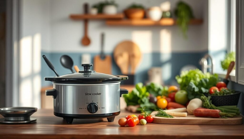 A cozy, minimal kitchen bathed in soft, natural light, featuring a variety of slow cooker essentials neatly arranged on a wooden countertop. In the foreground, a high-quality ceramic slow cooker, its sleek design complemented by a set of sturdy cooking utensils. In the middle ground, an array of fresh vegetables, herbs, and spices, hinting at the flavorful dishes that will emerge from this kitchen. In the background, a subtle blue accent wall provides a calming backdrop, while the overall scene conveys a sense of order, efficiency, and culinary potential.