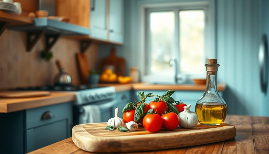A cozy, minimal kitchen bathed in warm, soft lighting. Wooden textures create a rustic, inviting atmosphere, while light blue accents lend a calming, stress-free ambiance. Neatly arranged ingredients - fresh tomatoes, basil, garlic, and olive oil - sit on a wooden cutting board, ready for a delicious Italian meal preparation. The scene conveys a sense of tranquility and thoughtful culinary exploration, free from the usual hustle and bustle of dinner prep.