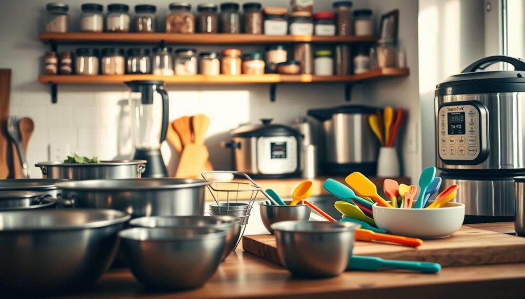 A cozy, minimal kitchen filled with the essential tools for batch cooking success. In the foreground, a collection of stainless steel bowls, measuring cups, and a sturdy wooden cutting board. In the middle ground, a high-quality blender, a slow cooker, and a set of colorful silicone spatulas. In the background, shelves display an array of glass jars, spice containers, and a sleek stainless steel pressure cooker. The lighting is warm and natural, casting a soft glow over the scene. The overall atmosphere is one of organization, efficiency, and culinary preparation.