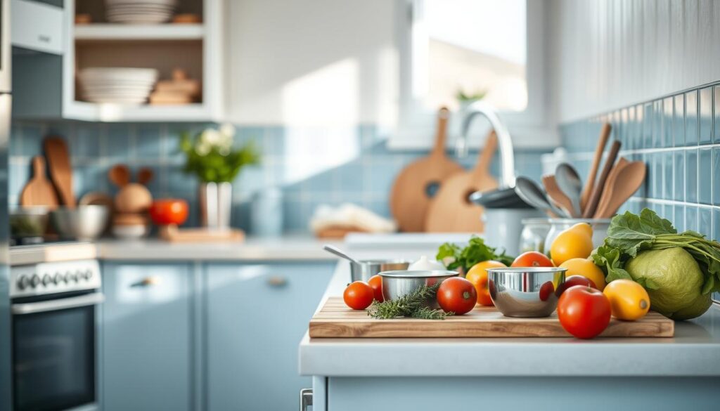 A cozy, minimal kitchen with a clean, organized layout, light blue accents, and wooden textures. On the counter, various ingredients are neatly arranged, ready for efficient meal prep. A cutting board, measuring cups, and bowls stand by, capturing the essence of a well-planned, nutrition-focused culinary session. The scene is illuminated by soft, natural light, conveying a sense of serenity and focus. The overall atmosphere suggests a methodical, time-saving approach to batch cooking healthy, balanced meals.