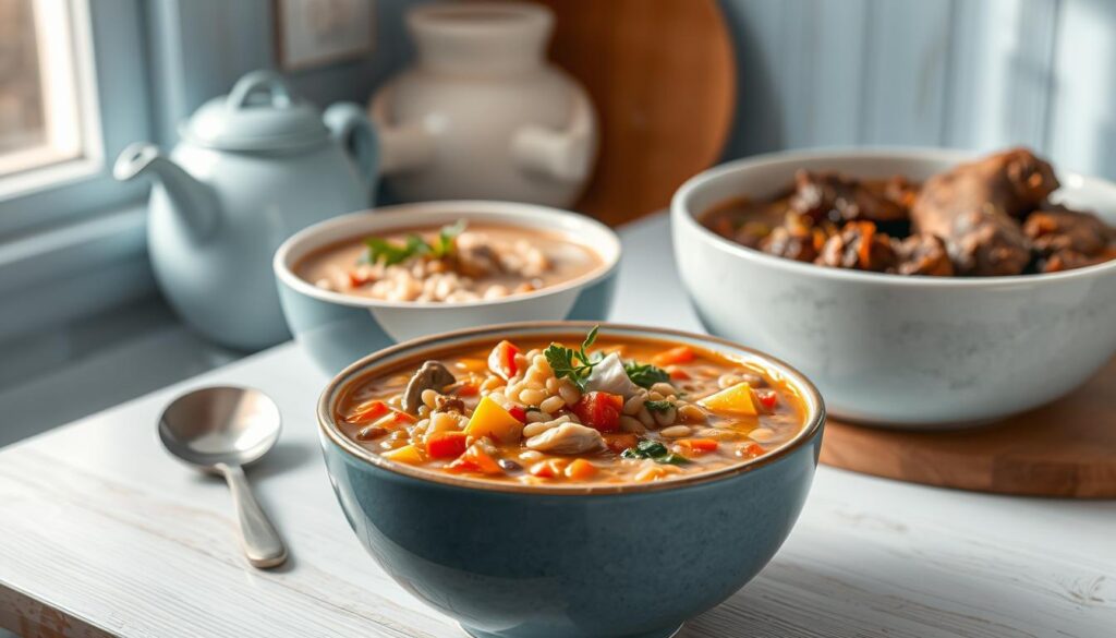 A cozy, minimal kitchen with light blue accents and warm wooden textures sets the stage for a mouthwatering display of protein-packed soups. In the foreground, a steaming bowl of hearty lentil soup, its rich, earthy broth punctuated by vibrant vegetables. In the middle ground, a creamy chicken and wild rice soup, its tender chunks of chicken and aromatic herbs beckoning. In the background, a comforting beef and barley stew, its savory aroma filling the air. The scene is bathed in soft, natural lighting, casting a welcoming glow and inviting the viewer to indulge in these nourishing, protein-rich creations.