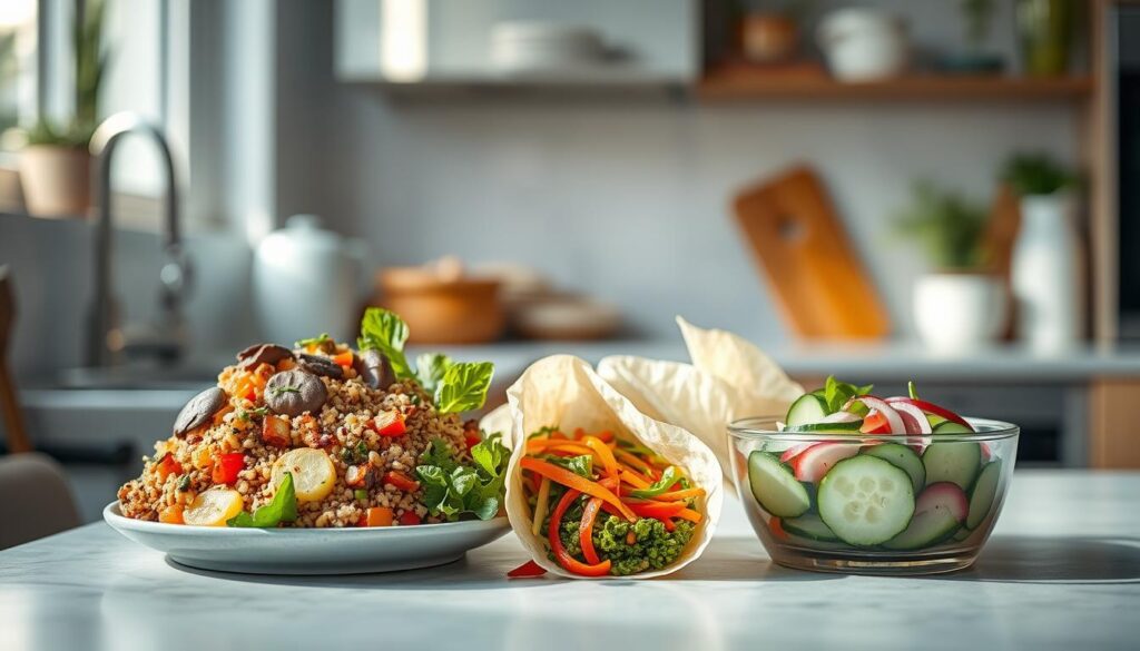 A cozy, minimal kitchen with light blue accents and warm wooden textures. On the countertop, an artful arrangement of global lunch recipes - a vibrant quinoa salad with roasted vegetables, a zesty Thai-inspired rice paper wrap, and a refreshing Japanese-style cucumber salad. Soft, natural lighting highlights the fresh, flavorful ingredients, inviting the viewer to discover the delicious possibilities of cold international cuisine.
