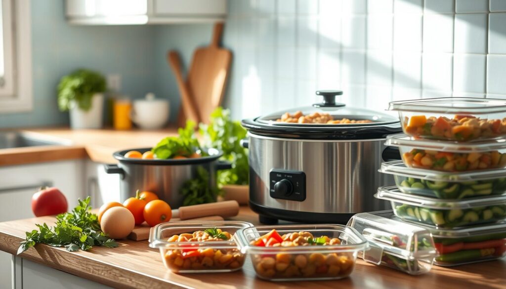 A cozy, minimal kitchen with light blue accents and warm wooden textures. On the countertop, an array of fresh vegetables, herbs, and a slow cooker, all bathed in soft, natural lighting. The slow cooker, the centerpiece, its ceramic pot filled with a hearty, aromatic stew, ready to nourish those with dietary needs. Nearby, a stack of meal prep containers, their lids open, showcasing the perfectly portioned servings, catering to a variety of dietary restrictions. The atmosphere is calm, inviting, and reflective of the benefits of batch cooking for special diets.