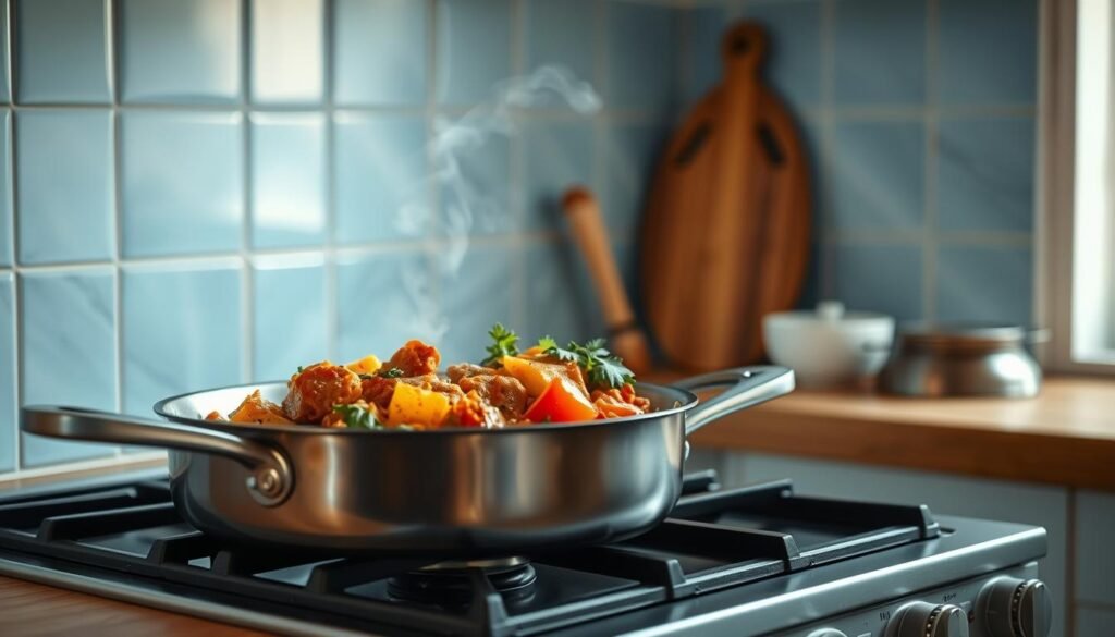 A cozy, minimal kitchen with light blue accents and warm wooden textures. On the stovetop, a simmering pan filled with a vibrant blend of global flavors - aromatic curries, fragrant spices, and tantalizing herbs. Steam rises, hinting at the depth of flavor within. Soft, indirect lighting casts a gentle glow, highlighting the inviting, homemade atmosphere. The reheated meal showcases the fusion of diverse culinary traditions, offering a nourishing and satisfying dining experience.