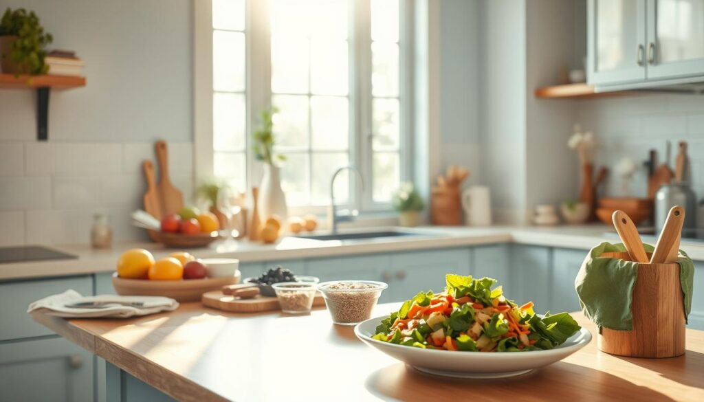 A cozy, minimal kitchen with light blue accents and warm wooden textures. Sunlight streams through large windows, casting a soft glow on a selection of gluten-free ingredients - fresh produce, whole grains, and a variety of spices. On the countertop, a collection of simple, nutritious dishes awaits, ready to be savored without the stress of dietary restrictions. The overall atmosphere exudes a sense of calm and effortlessness, inviting the viewer to imagine a stress-free weeknight dinner experience.