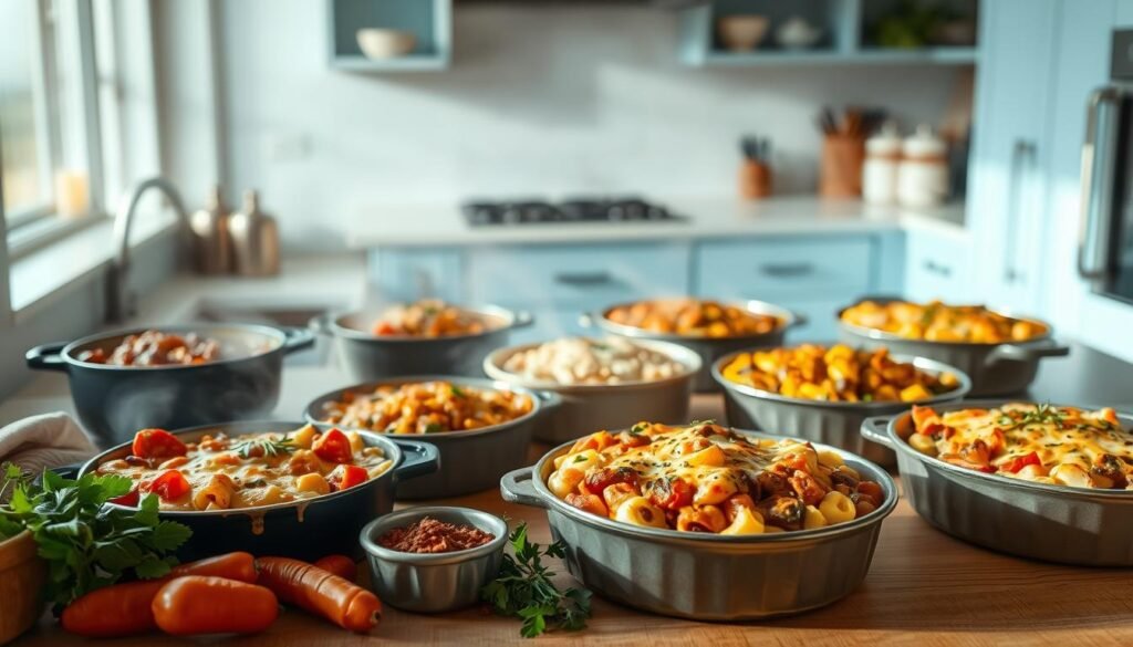 A cozy, minimal kitchen with light blue accents and wooden textures sets the stage for a mouthwatering display of creative casserole recipes. Steaming dishes filled with vibrant vegetables, melted cheese, and savory sauces take center stage, bathed in warm, directional lighting that casts a comforting glow. In the foreground, a selection of fresh herbs, spices, and other ingredients suggest the delectable flavors within. The middle ground showcases the diverse array of casserole dishes, each one a unique culinary masterpiece. In the background, a clean, uncluttered space allows the focus to remain solely on the captivating culinary creations.
