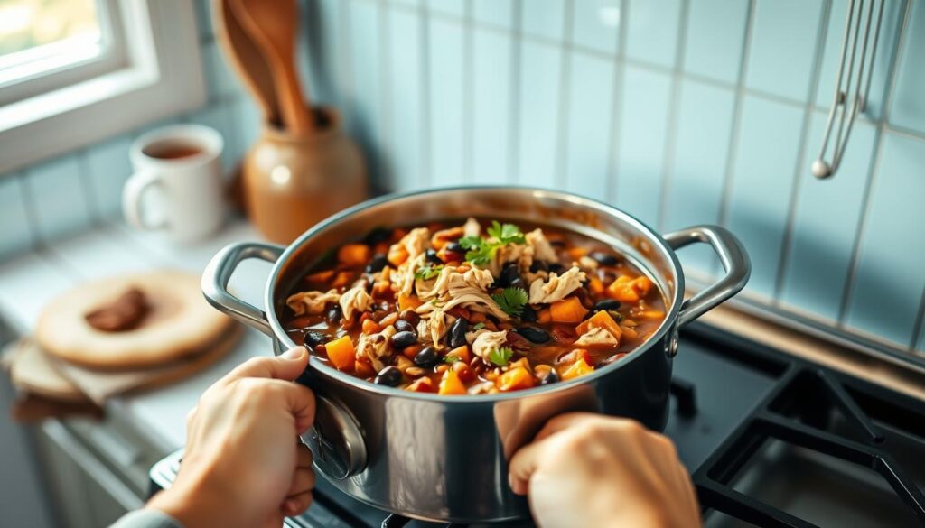 A cozy, minimal kitchen with light blue accents and wooden textures showcases a hearty gluten-free chicken chili, simmering in a large pot on the stove. The chili is made with shredded chicken, black beans, sweet potatoes, and a blend of spices, creating a comforting and nourishing meal. The scene is captured from a slightly elevated angle, emphasizing the warmth and inviting atmosphere of the space. Soft, natural lighting illuminates the scene, casting gentle shadows and highlighting the vibrant colors of the ingredients. The absence of hands in the frame allows the focus to remain on the delectable chili, making it the star of the image.