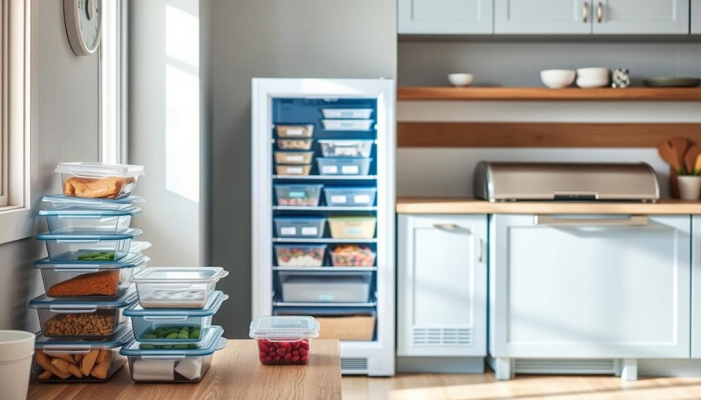 A cozy, minimal kitchen with light blue accents and wooden textures showcases various freezer storage solutions. In the foreground, clear plastic containers and silicone bags neatly organize portioned meals, while a mid-sized upright freezer stands in the middle ground, its shelves stocked with labeled containers and frozen ingredients. In the background, a sleek, stainless-steel chest freezer rests on the kitchen counter, providing ample space for bulk meal prep. The scene exudes an atmosphere of efficiency and organization, perfectly capturing the essence of 
