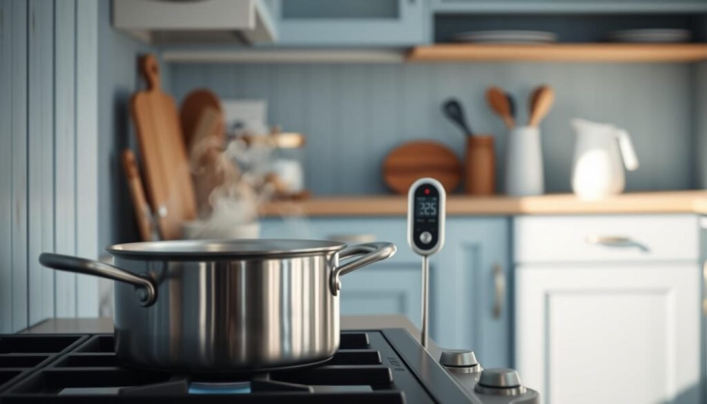 A cozy, minimal kitchen with light blue accents and wooden textures. In the foreground, a stainless steel pot simmers gently on the stovetop, steam gently rising. The middle ground features a digital thermometer, its display showing the precise cooking temperature. In the background, a clean, uncluttered countertop with a few essential cooking utensils, creating a sense of order and control. Soft, natural lighting illuminates the scene, highlighting the nuanced textures and creating a calming, focused atmosphere for the art of managing cooking temperature.