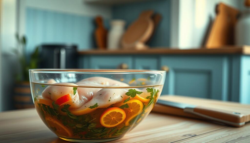 A cozy, minimal kitchen with light blue accents and wooden textures. In the foreground, a glass bowl filled with a fragrant marinade of herbs, spices, and citrus, its contents swirling gently. Beside it, a raw chicken breast, partially submerged, revealing the science behind the marinating process - the flavors and tenderizing effects of the acidic ingredients. In the middle ground, a cutting board and sharp knife, hinting at the preparation to come. The warm, diffused lighting casts a soft glow, emphasizing the textures and colors, creating an atmosphere of culinary experimentation and anticipation.