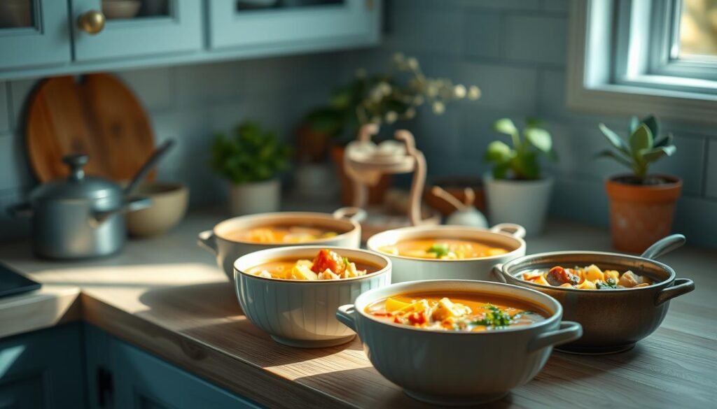 A cozy, minimal kitchen with light blue accents and wooden textures. On the counter, an assortment of hearty vegan soups and stews simmers in ceramic bowls, their rich aromas filling the air. Steaming broth, chunks of vegetables, and vibrant colors create an inviting scene. The lighting is soft and warm, casting a gentle glow over the scene. In the background, a few potted plants add a touch of greenery, complementing the earthy tones. The overall atmosphere is one of comfort and nourishment, perfectly capturing the essence of 