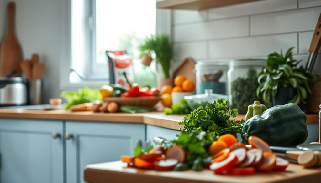 A cozy, minimal kitchen with light blue accents and wooden textures. On the counter, an array of colorful vegetables, freshly chopped herbs, and a variety of containers. In the foreground, a cutting board with sliced meats and vegetables, suggesting a family meal prep session. The soft, natural lighting filters through a window, casting a warm glow over the scene. The overall atmosphere is one of efficiency, organization, and the comforting feeling of a family coming together to prepare a shared meal.