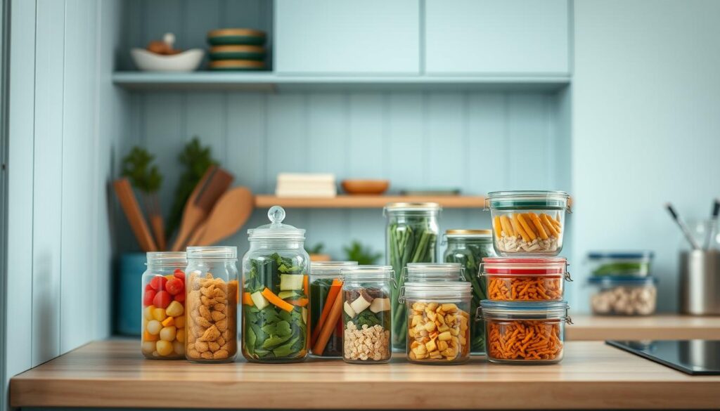 A cozy, minimal kitchen with light blue accents and wooden textures. On the counter, an array of glass jars and airtight containers in various sizes, neatly organized to store freshly prepared stir-fry ingredients. The lighting is soft and natural, illuminating the scene from above. The angle captures the storage solutions at eye level, showcasing their practical and visually appealing design. The overall atmosphere conveys a sense of efficiency and culinary preparedness, perfectly suited for the 