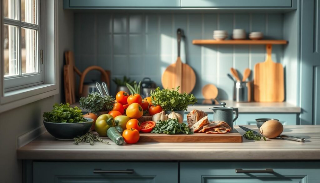 A cozy, minimal kitchen with light blue accents and wooden textures. On the counter, various ingredients and cooking tools are artfully arranged, inviting culinary exploration. Colorful vegetables, fresh herbs, and a cutting board with sliced meats create a visually appealing composition. Soft, natural lighting filters through the window, casting a warm glow over the scene. The atmosphere encourages creativity and experimentation, hinting at the possibilities of 