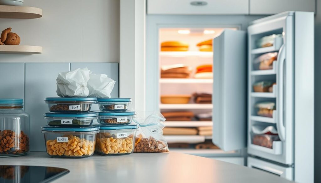 A cozy, minimal kitchen with light blue accents and wooden textures. On the countertop, a selection of airtight glass containers and labeled reusable bags for storing gluten-free meals. The freezer door is partially open, revealing neatly organized shelves filled with a variety of frozen dishes. Soft, diffused lighting illuminates the scene, creating a warm and inviting atmosphere for efficient gluten-free meal preparation and storage.