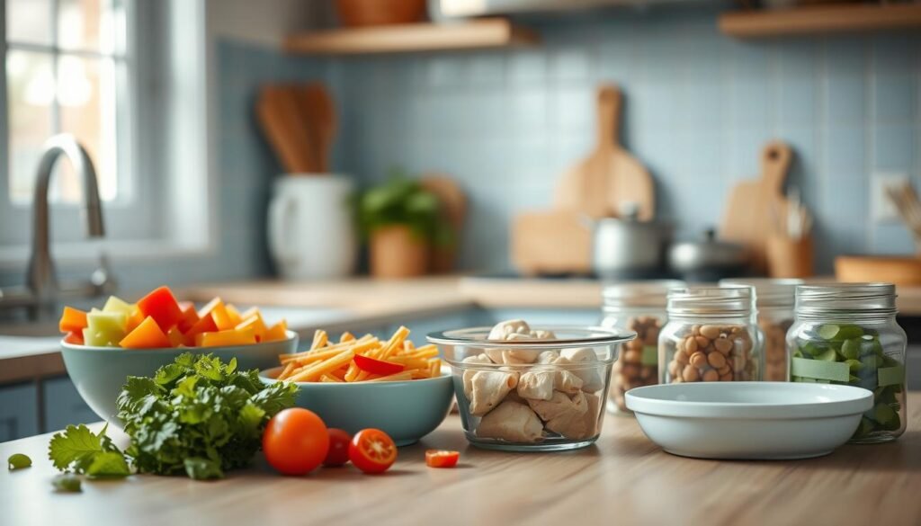 A cozy, minimal kitchen with light blue accents and wooden textures. On the countertop, an assortment of kid-friendly meal prep items - colorful chopped vegetables, a mixing bowl with freshly prepared pasta, a container of pre-cooked chicken, and a few mason jars filled with healthy snacks. The lighting is soft and natural, creating a warm, inviting atmosphere. In the background, the faint outline of a window suggests a bright, airy space. The camera angle is slightly elevated, capturing the scene from an angle that showcases the various elements of the meal prep process.