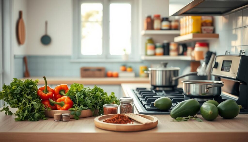A cozy, minimal kitchen with light blue accents and wooden textures. On the countertop, an assortment of Mexican ingredients - vibrant bell peppers, fragrant cilantro, ripe avocados, and a selection of spices. Pots and pans simmer on the stovetop, filling the air with the enticing aromas of simmering sauces and sizzling meats. In the background, neatly organized pantry shelves hold an array of canned goods and dry staples. Soft, natural lighting filters through the windows, casting a warm glow over the scene. The kitchen exudes a sense of calm efficiency, as if a delicious, homemade Mexican meal is about to be effortlessly prepared.