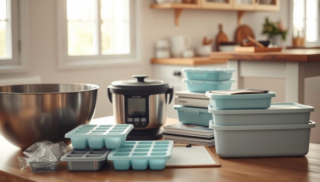 A cozy, minimal kitchen with soft light filtering through white-framed windows. In the foreground, a collection of essential freezer cooking tools - a large stainless steel mixing bowl, silicone ice cube trays, reusable food storage bags, a digital kitchen scale, and a set of sturdy meal prep containers in a light blue hue that complements the airy, Scandinavian-inspired decor. The middle ground features a stack of recipe books and a clipboard with a meal planning template. In the background, a wooden kitchen island with a butcher block top, providing ample workspace for batch cooking sessions.