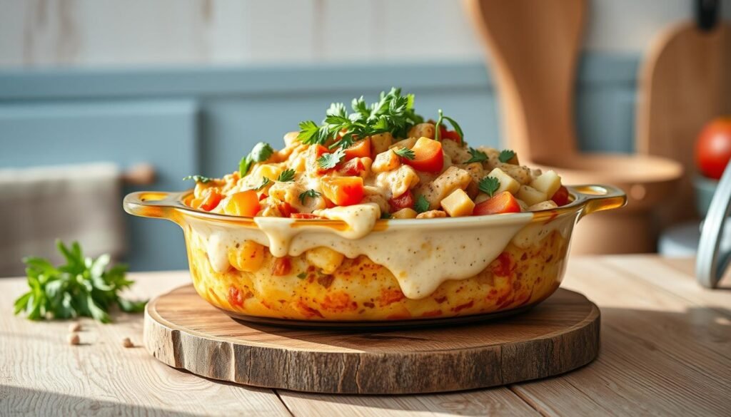 A cozy, minimal kitchen with soft wooden textures and light blue accents. Atop a rustic wooden table, a vibrant casserole dish takes center stage, filled with an array of colorful, nourishing ingredients. Fresh herbs, tender vegetables, and a creamy, comforting sauce spill over the edges, inviting closer inspection. The scene is bathed in warm, natural lighting, casting gentle shadows and highlighting the textures and colors. The overall atmosphere is one of simplicity, creativity, and a sense of homemade warmth, perfectly capturing the spirit of 