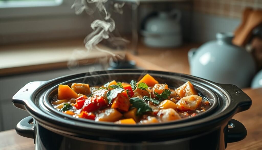 A cozy, minimal kitchen with warm wooden textures and light blue accents serves as the backdrop for a slow cooker filled with a rich, fragrant stew. The steam rises gently, hinting at the tender, flavorful ingredients within. Vegetables, herbs, and spices mingle in a mouthwatering medley, creating a scene of effortless, stress-free cooking. The soft, diffused lighting casts a inviting glow, drawing the viewer in to imagine the comforting meal about to be served. This serene, appetizing tableau captures the essence of incorporating a slow cooker for flavorful, stress-free dinners.