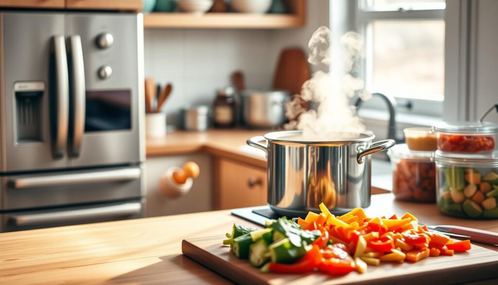 A cozy, minimal kitchen with warm wooden textures and light blue accents serves as the backdrop for a scene of efficient batch cooking. Stainless steel appliances gleam under soft, diffused lighting, as various ingredients and containers are neatly arranged on the countertop. The focus is on a large stockpot simmering with a homemade soup or stew, its aromatic steam gently rising. Nearby, a cutting board displays freshly chopped vegetables, ready to be portioned and frozen for future meals. The atmosphere conveys a sense of thoughtful preparation and time-saving organization, capturing the essence of 