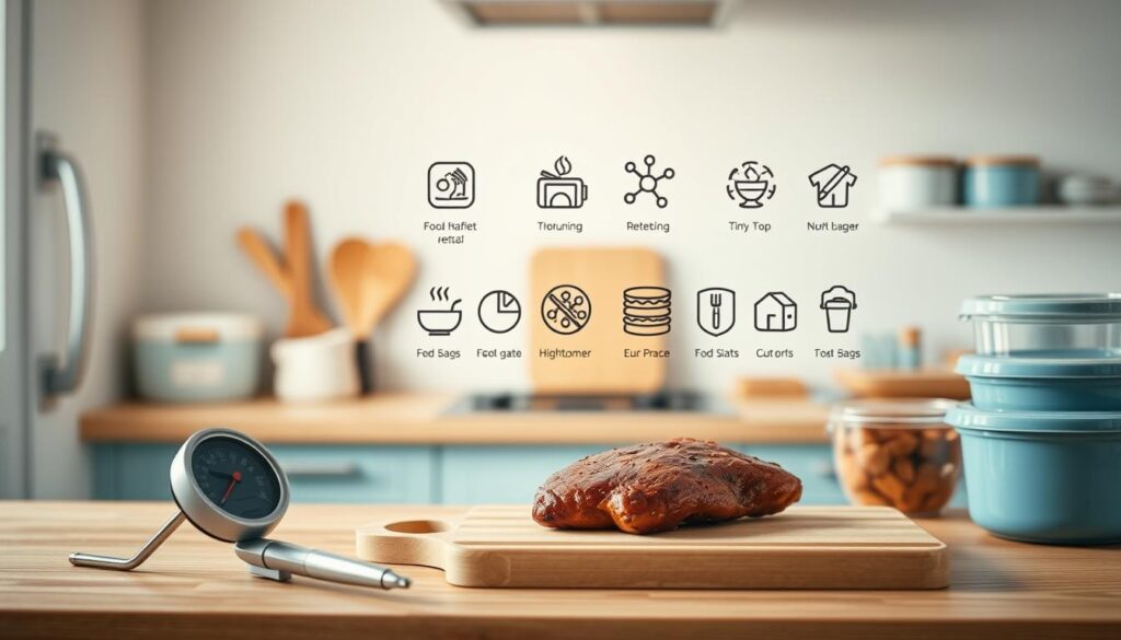 A cozy, minimal kitchen with warm wooden textures and light blue accents sets the stage for a series of carefully displayed food safety guidelines. In the foreground, an array of kitchen essentials - a meat thermometer, a clean cutting board, and a stack of food storage containers - emphasize the importance of proper food handling and storage. In the middle ground, a neatly organized collection of food safety symbols and icons, rendered in a clean, illustrative style, provide visual cues for key practices like thorough reheating and avoiding cross-contamination. The background features a softly lit, uncluttered space, creating a sense of order and attention to detail that reinforces the message of food safety.