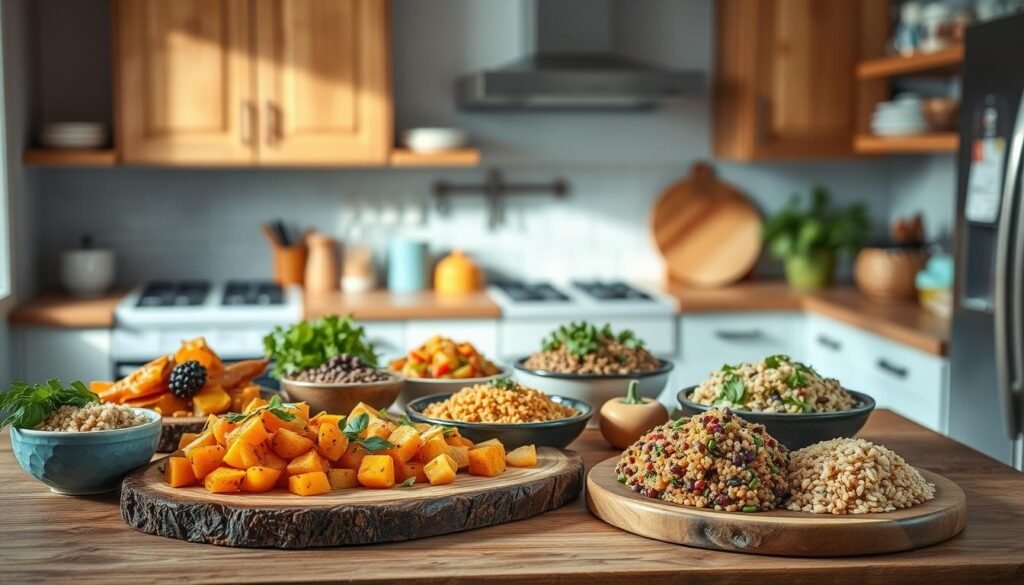 A cozy, minimal kitchen with warm wooden textures and light blue accents sets the stage for a display of creative side dishes. An assortment of vibrant vegetables, grains, and garnishes artfully arranged on rustic serving platters take center stage. Soft, diffused lighting casts a natural glow, highlighting the textures and colors. A selection of hearty, flavorful accompaniments, from roasted sweet potatoes to herbed quinoa salads, beckons to complement any reheated meal, elevating the dining experience.