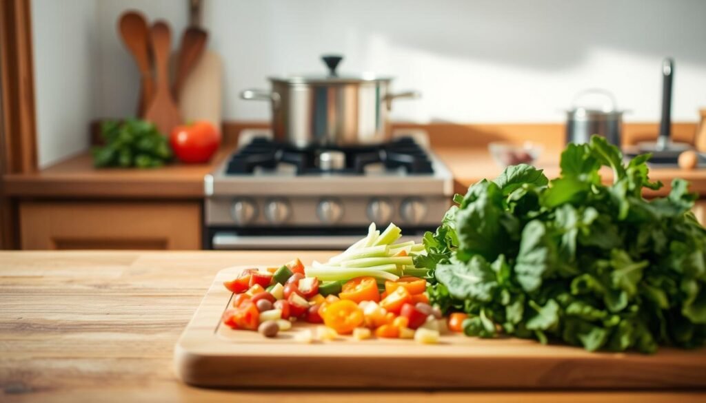 A cozy, minimal kitchen with warm wooden textures and light blue accents sets the stage for a step-by-step guide to vegetarian meal prep. In the foreground, a variety of fresh, colorful vegetables are neatly arranged on a wooden cutting board, waiting to be chopped and diced. In the middle ground, a large pot simmers on the stove, emitting the inviting aroma of simmering grains and legumes. The background features a simple, uncluttered countertop, with a few essential tools and appliances, creating a calming, organized atmosphere. The lighting is soft and natural, casting a gentle glow over the scene, inviting the viewer to imagine the satisfying process of preparing a nourishing, plant-based meal.