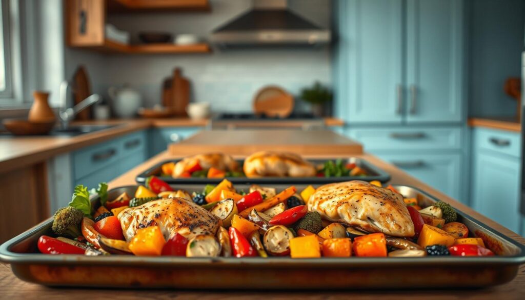 A cozy, minimal kitchen with warm wooden textures and light blue accents sets the stage for a mouthwatering display of sheet pan dinner recipes. In the foreground, a variety of colorful, roasted vegetables sizzle on a large baking sheet, their aromas wafting through the air. In the middle ground, juicy chicken thighs or tender salmon fillets lay atop the vegetables, creating a harmonious one-pan meal. The background is softly lit, highlighting the clean lines and uncluttered countertops, conveying a sense of effortless culinary elegance. The overall mood is inviting and appetizing, perfectly capturing the convenience and versatility of these crowd-pleasing sheet pan dinner recipes.