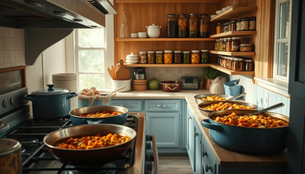 A cozy, minimal kitchen with warm wooden textures and light blue accents sets the stage for a family reunion feast. Large pots and pans simmer on the stovetop, filled with hearty stews and casseroles. The aroma of homemade biscuits and roasted vegetables wafts through the air, inviting loved ones to gather. Shelves overflow with jars of pickled goods and preserves, a testament to the care and preparation. Soft, diffused lighting casts a gentle glow, creating an atmosphere of comfort and nostalgia. This is a scene of bountiful, soulful cooking - sustenance for the body and the spirit, ready to nourish a community.