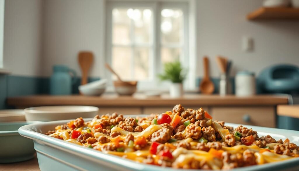 A cozy, minimal kitchen with warm wooden textures and light blue accents sets the stage for a delightful family-style casserole. In the foreground, a bountiful casserole dish overflows with layers of savory ingredients, from hearty ground meat and tender vegetables to creamy sauces and melted cheese. The middle ground showcases neatly arranged bowls and utensils, hinting at the care and attention poured into the preparation. In the background, a cheerful window allows natural light to pour in, creating a welcoming atmosphere. The overall scene evokes the comforting aroma and inviting presentation of homemade family-style casseroles, ready to nourish and delight.