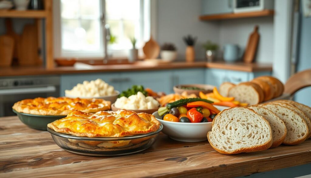 A cozy, minimal kitchen with warm wooden textures and light blue accents sets the stage. On a rustic wooden table, an array of family-style dishes showcases a variety of inviting textures - from the crisp golden crust of a savory pie, to the fluffy peaks of mashed potatoes, the glossy sheen of a roasted vegetable medley, and the tender chewiness of freshly baked bread. The soft, even lighting casts gentle shadows, highlighting the pleasing contrasts and lending an air of homely comfort. This bountiful tableau evokes the satisfying sensations of a well-crafted, nourishing family meal.