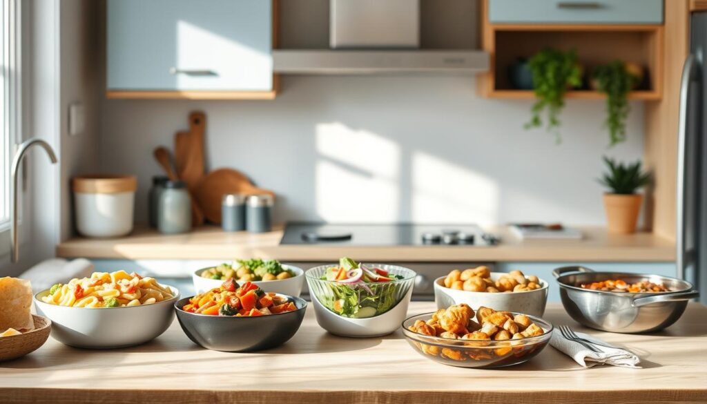 A cozy, minimal kitchen with warm wooden textures and light blue accents showcases a variety of quick weeknight meals. On the countertop, a variety of freshly prepared dishes stand ready to be enjoyed - a hearty pasta bake, a vibrant stir-fry, a colorful salad, and a tempting chicken and vegetable skillet. The lighting is soft and inviting, casting a gentle glow over the scene. The atmosphere is one of effortless simplicity and wholesome, nourishing goodness, perfect for busy families seeking quick and easy dinner solutions.