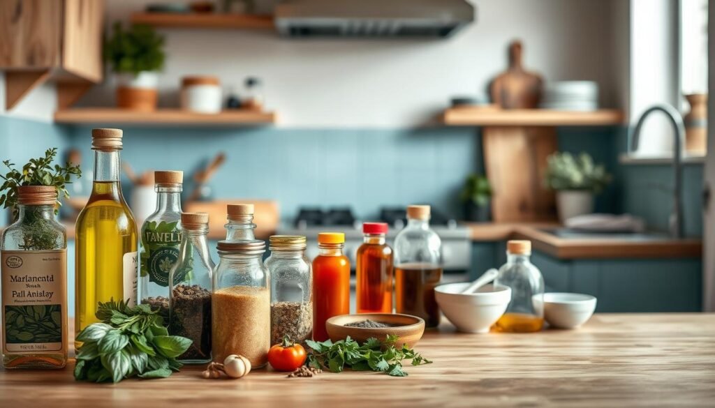 A cozy, minimal kitchen with warm wooden textures and light blue accents showcases a variety of budget-friendly marinade ingredients. In the foreground, a selection of herbs, spices, vinegars, and oils are arranged neatly, hinting at the flavorful possibilities. The middle ground features a simple, rustic cutting board and a few kitchen tools, suggesting the hands-on preparation process. The background subtly fades into a clean, uncluttered space, allowing the focus to remain on the marinade essentials. The overall scene conveys a sense of simplicity and practicality, inviting the viewer to explore these budget-friendly marinade hacks for smart, flavor-boosted cooking.