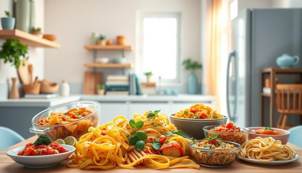 A cozy, minimal kitchen with warm wooden textures and light blue accents showcases an array of global pasta dishes. In the foreground, a variety of colorful pasta shapes, sauces, and garnishes are artfully arranged, representing the diversity of international cuisines. In the middle ground, neatly stacked cookbooks and a few kitchen utensils hint at the culinary inspiration behind these dishes. The background features a clean, airy atmosphere with subtle natural light, creating a serene and inviting atmosphere for exploring the flavors of the world through the lens of pasta.