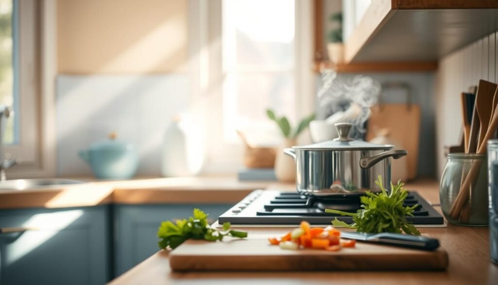 A cozy, minimal kitchen with warm wooden textures and light blue accents. A steaming pot simmers on the stove, the aroma of a hearty, homemade meal filling the air. Sunlight streams through the window, casting a soft glow over the scene. On the counter, a cutting board with freshly chopped vegetables stands ready, the tools of a dedicated home cook. The atmosphere is one of comfort and care, a space where nourishing meals are crafted with love and attention to detail. This is the heart of the home, where real experiences of busy families come to life.