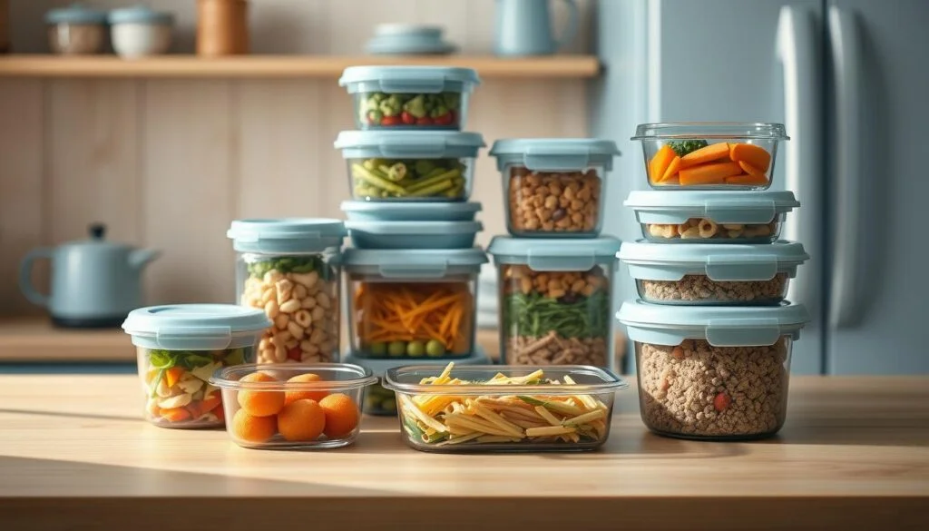 A cozy, minimal kitchen with warm wooden textures and light blue accents. A tidy workstation showcases an assortment of space-saving meal prep containers - compact bento boxes, stackable glass jars, and reusable silicone bags. Carefully arranged ingredients like salads, pasta dishes, and snacks fill the containers, ready to be conveniently stored in the office refrigerator. The scene evokes efficiency, organization, and a thoughtful approach to packing cold lunches for the workday ahead.