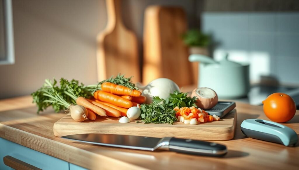 A cozy, minimal kitchen with warm wooden textures and light blue accents. A variety of fresh produce - carrots, onions, herbs - arranged neatly on a wooden cutting board. Several efficient cooking tools, including a sharp chef's knife, a mandoline slicer, and a compact vegetable peeler, are positioned nearby. Soft, natural lighting illuminates the scene, casting gentle shadows and highlighting the textures of the ingredients. The atmosphere is calm and focused, conveying the efficiency and care required for prepping and chopping techniques that will enable the creation of delicious, make-ahead family dinners.