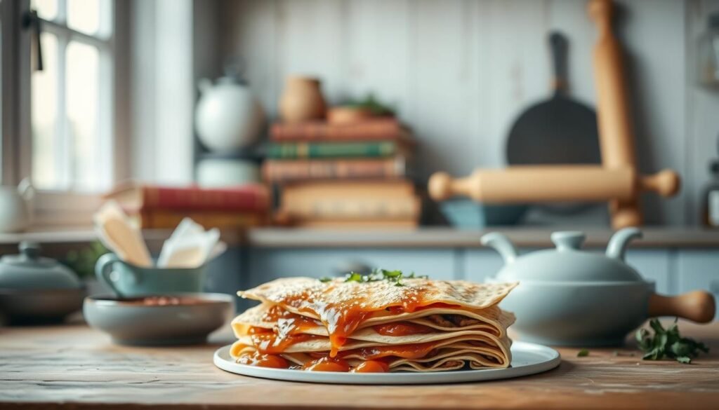A cozy, minimal kitchen with warm wooden textures and light blue accents. In the center, a stack of authentic enchiladas, their corn tortillas glistening and sauce slowly dripping down the sides. Aromatic spices and herbs fill the air, inviting the viewer to imagine the hearty, comforting flavors. In the background, vintage cookbooks and antique rolling pins suggest the recipe's deep, time-honored origins. Soft, natural lighting casts a gentle glow, creating an intimate, homely atmosphere. The scene evokes a sense of tradition, nourishment, and the joy of making a beloved family dish.