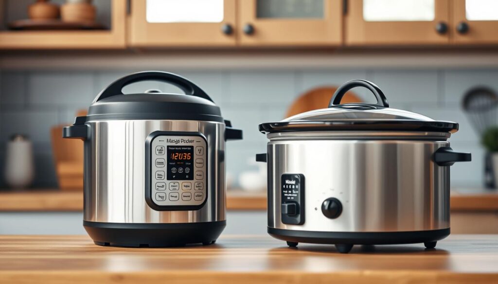 A cozy, minimal kitchen with warm wooden textures and light blue accents. In the foreground, a sleek stainless steel pressure cooker and a classic slow cooker stand side by side, their different designs and capabilities highlighted. The pressure cooker's compact form and shiny exterior contrast with the slow cooker's rounded shape and matte finish. Soft, diffused lighting creates a calming atmosphere, drawing attention to the culinary tools and their potential to transform everyday ingredients into nourishing, flavorful meals. The scene evokes the efficiency and convenience of integrating these two versatile kitchen appliances into a weekly meal prep routine for busy families.