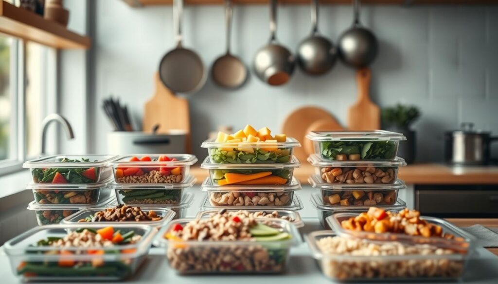 A cozy, minimal kitchen with warm wooden textures and light blue accents. In the foreground, an array of neatly organized meal prep containers, each filled with a hearty, nutrient-dense dish. Vegetables, grains, and proteins portioned with care, ready to be quickly assembled into balanced, time-saving meals. Soft, diffused lighting casts a gentle glow, highlighting the efficiency and thoughtfulness of the scene. Pots, pans, and utensils hang within easy reach, conveying a sense of order and flow. The absence of hands suggests a calm, uncluttered workspace, focused on the task at hand - creating delicious, sustainable meals with minimal effort.