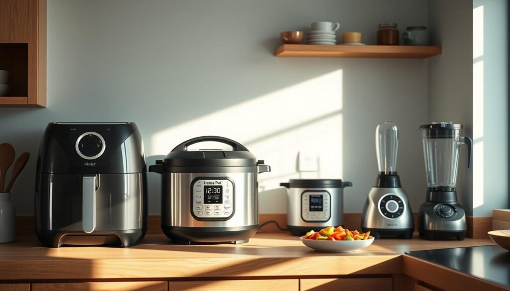 A cozy, minimal kitchen with warm wooden textures and light blue accents. Neatly arranged on the countertop are a sleek air fryer, a compact instant pot, and a precision blender - time-saving appliances that streamline meal prep. Soft, natural lighting illuminates the scene, casting gentle shadows and highlighting the appliances' clean, modern design. The overall atmosphere is one of efficiency and ease, inviting the viewer to imagine the kitchen as a hub of effortless culinary magic.