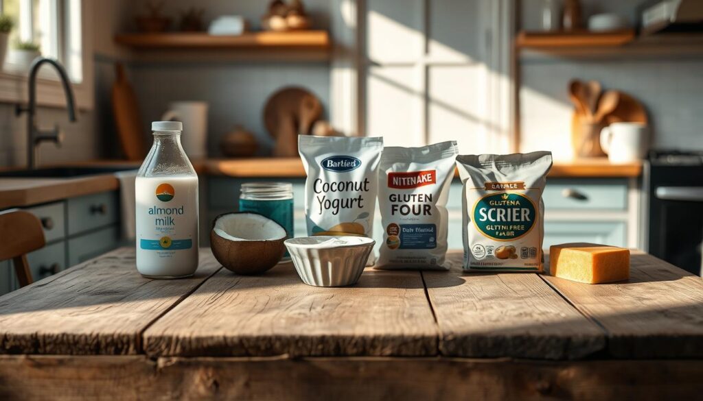 A cozy, minimal kitchen with warm wooden textures and light blue accents. On a rustic wooden table, an assortment of dairy-free and gluten-free substitutions are neatly arranged - almond milk, coconut yogurt, gluten-free flour, and vegan cheese. The items are well-lit, casting soft shadows, inviting the viewer to explore these alternative ingredients. The atmosphere is calming and inviting, suggesting the ease of accommodating diverse dietary needs. The focus is on the substitutions, with the background subtly supporting the scene.