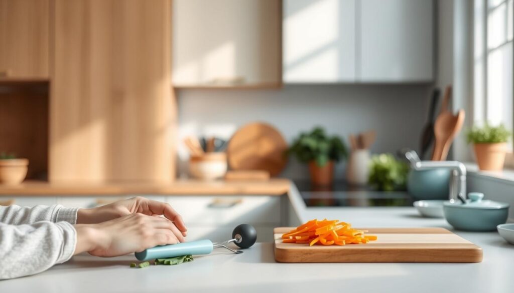 A cozy, minimal kitchen with warm wooden textures and light blue accents. On the counter, freshly chopped vegetables, a cutting board, and a few kitchen tools neatly arranged. The room is bathed in soft, natural lighting, creating a calming atmosphere. No hands are visible, suggesting a stress-free and organized dinner prep experience. The overall scene conveys a sense of efficiency, simplicity, and serenity, perfectly embodying the 