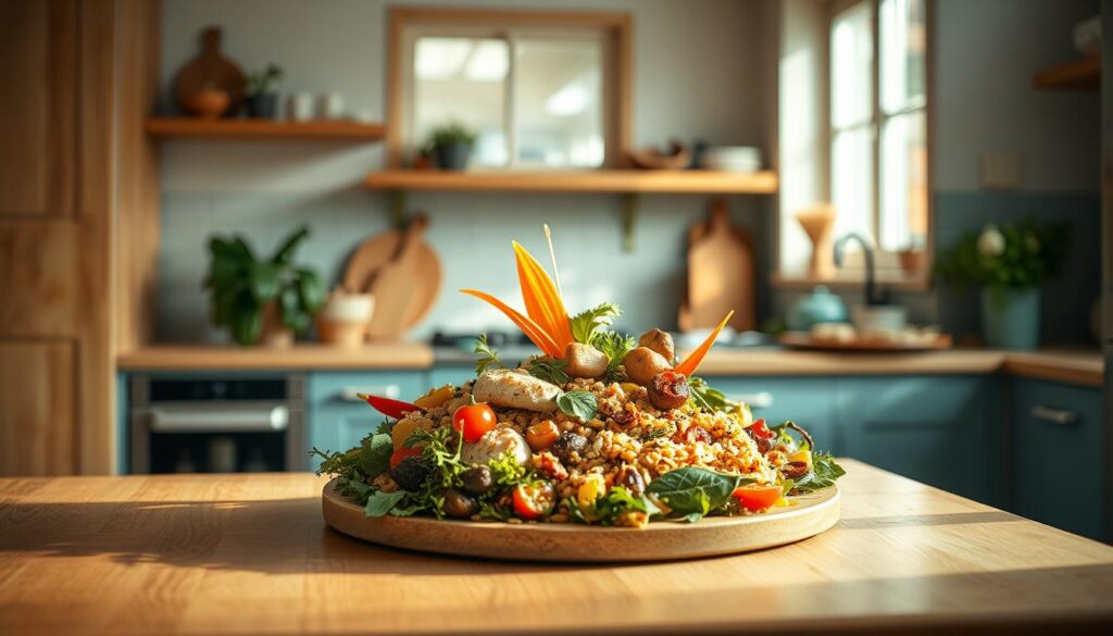 A cozy, minimal kitchen with warm wooden textures and light blue accents. On the counter, a platter showcases a bountiful transformation - leftover roasted vegetables, grains, and proteins have been reimagined into a gourmet lunch. Vibrant colors and artful compositions elevate everyday ingredients into a visually stunning, mouthwatering display. The natural light casts a soft, inviting glow, creating an atmosphere of rustic elegance. This image captures the essence of transforming the ordinary into the extraordinary, inspiring the viewer to see the potential in their own leftovers.