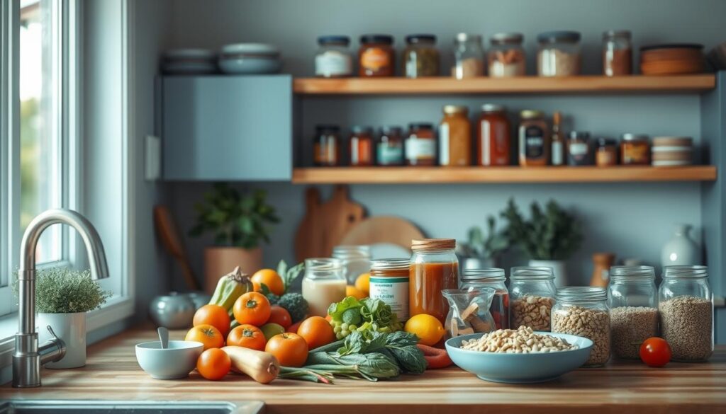 A cozy, minimal kitchen with warm wooden textures and light blue accents. On the counter, a variety of budget-friendly ingredients are neatly arranged, including fresh produce, canned goods, and whole grains. In the background, shelves hold jars of homemade sauces and spices, hinting at the meal prep strategies to come. The lighting is soft and diffused, creating a calming atmosphere. The overall scene suggests a thoughtful, organized approach to creating delicious, cost-effective meals for the family.
